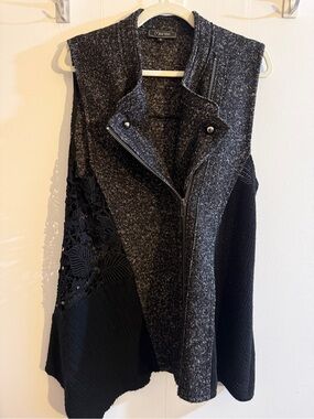 Minkas Black Metallic Mixed Media Lace Asymmetrical Vest Cardigan M